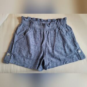 Women's Blue Ruffle Waist Shorts linen blend